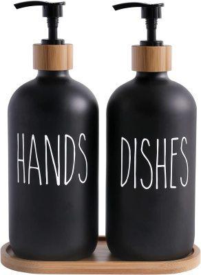 Shampoo Bottle With Wooden Soap Dispenser (500ml) - Eco-Friendly Bathroom Organizer Set (White/Black) "For Hands & Dishes" / Versatile Liquid Dispenser / Bamboo Vanity Tray Included - Dreamy-Designs Store Online