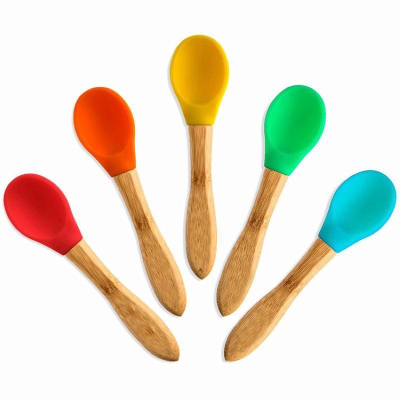 6 Colors: Safe Silicone Baby Bamboo Spoons | 14cm - Dreamy-Designs Store Online