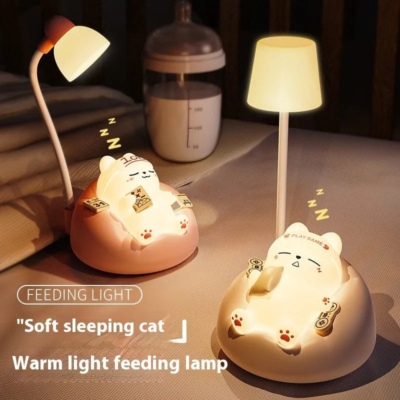 Creative Sleeping Cat Small Night Lamp (Blue/Pink/White/Yellow) - USB Rechargeable Pat Lamp with Adjustable Brightness - Dreamy-Designs Store Online