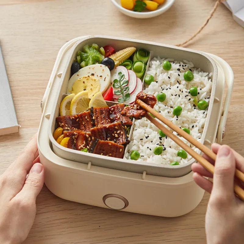 Simple Plug-in Thermal Insulation Water-free Electric Lunch Box (1000ML) - Stainless Steel / Button Control / Maifanshi Coating / Beige - Dreamy-Designs Store Online