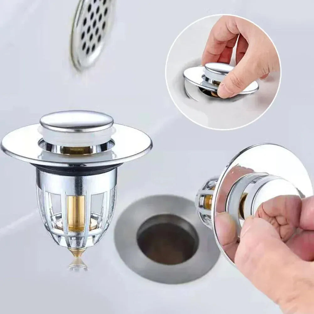 Universal Pop-Up Bathroom Sink Stopper (Odor-Resistant, Press-To-Close) / Drain Plug for Washbasin / Hair Catcher Strainer / Stainless Steel Accessory - Dreamy-Designs Store Online