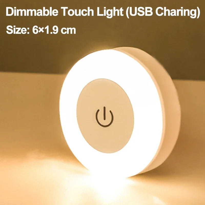 Mini LED Touch Sensor Night Lights USB Rechargeable Kitchen Bedroom Magnetic Base Wall Light Round Portable Dimming Night Lamp - Dreamy-Designs Store Online