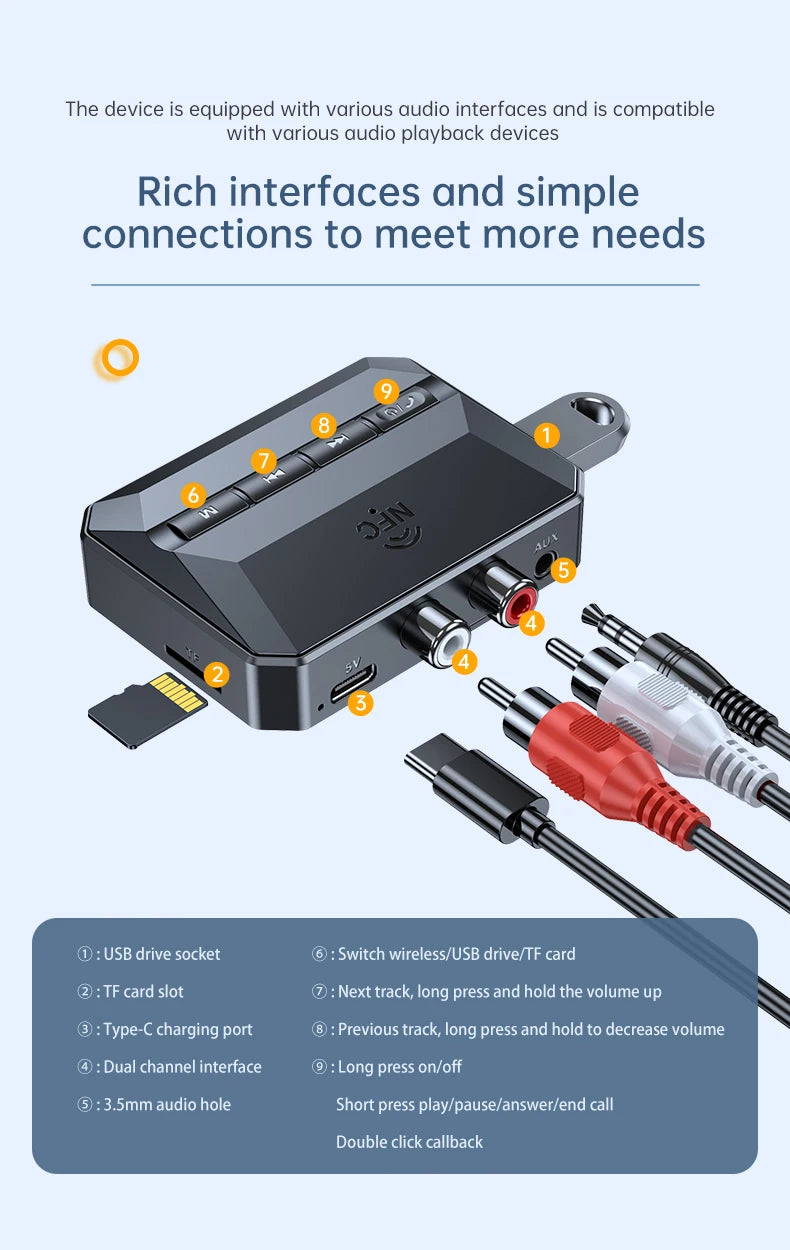 NFC Bluetooth 5.3 Audio Receiver 3.5mm AUX RCA USB TF HIFI Stereo Music Wireless Adapter With Mic For Car Kit Speaker Amplifier - Dreamy-Designs Store Online