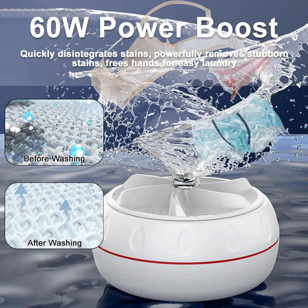 60W Portable Turbo Washing Machine (High Power Mini Ultrasonic Washer) for Baby Clothes, Underwear, Socks / Business Trip, Travel / USB-Powered - Dreamy-Designs Store Online