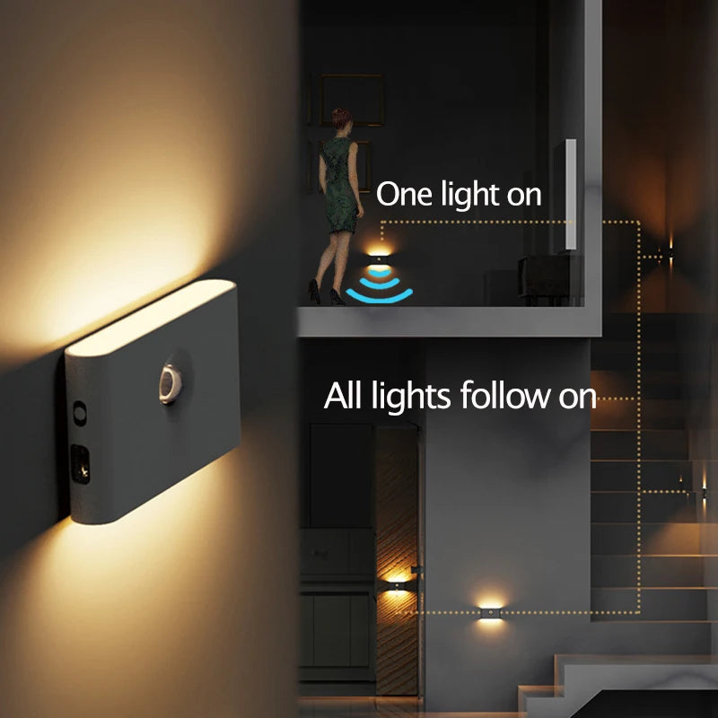 Smart Linkage Motion Sensor Night Light Rechargeable Wireless Magnetic LED Induction Lamp Wall Home Bedroom Kitchen Staircase - Dreamy-Designs Store Online