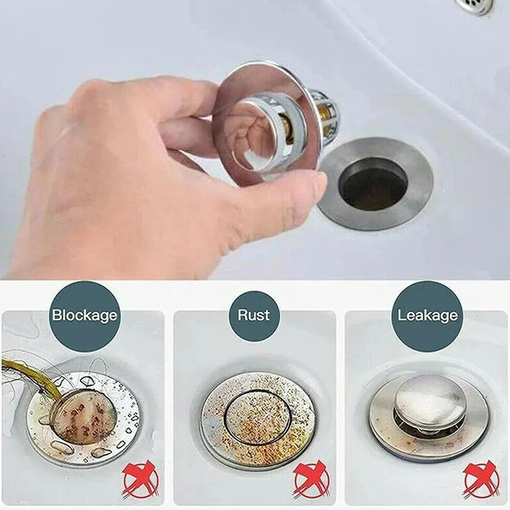 Universal Pop-Up Bathroom Sink Stopper (Odor-Resistant, Press-To-Close) / Drain Plug for Washbasin / Hair Catcher Strainer / Stainless Steel Accessory - Dreamy-Designs Store Online