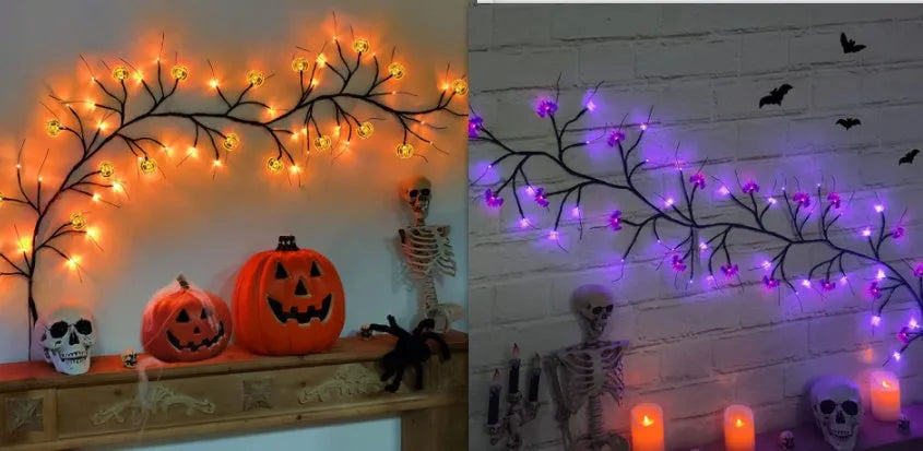 Halloween LED Willow Vine String Light (Cool Cartoon Bat & Pumpkin Decoration) / Indoor & Outdoor Party House Decor / 100 LEDs / 2000mm Length - Dreamy-Designs Store Online