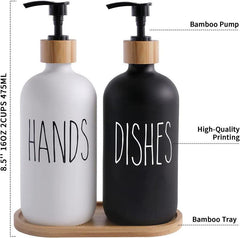 Shampoo Bottle With Wooden Soap Dispenser (500ml) - Eco-Friendly Bathroom Organizer Set (White/Black) "For Hands & Dishes" / Versatile Liquid Dispenser / Bamboo Vanity Tray Included - Dreamy-Designs Store Online